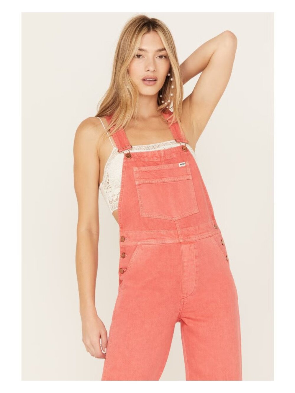Wrangler Flare Overalls Size Large Washed Coral Red Orange Denim Cotton Blend